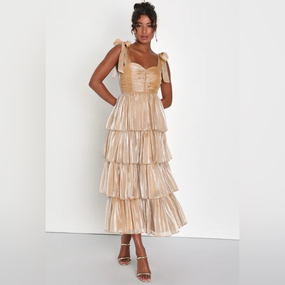 NWT Lulus Radiant Arrival Shiny Gold Organza Tiered Tie-Strap Maxi Dress